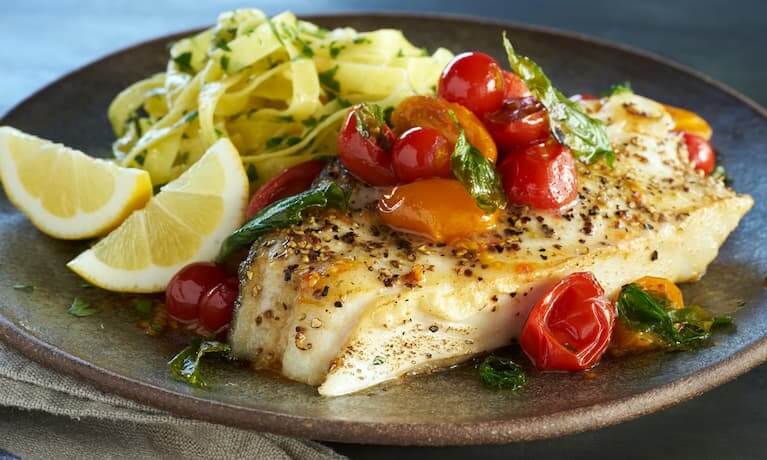 Pan-Seared Halibut with Roasted Cherry Tomatoes & Beurre Blanc