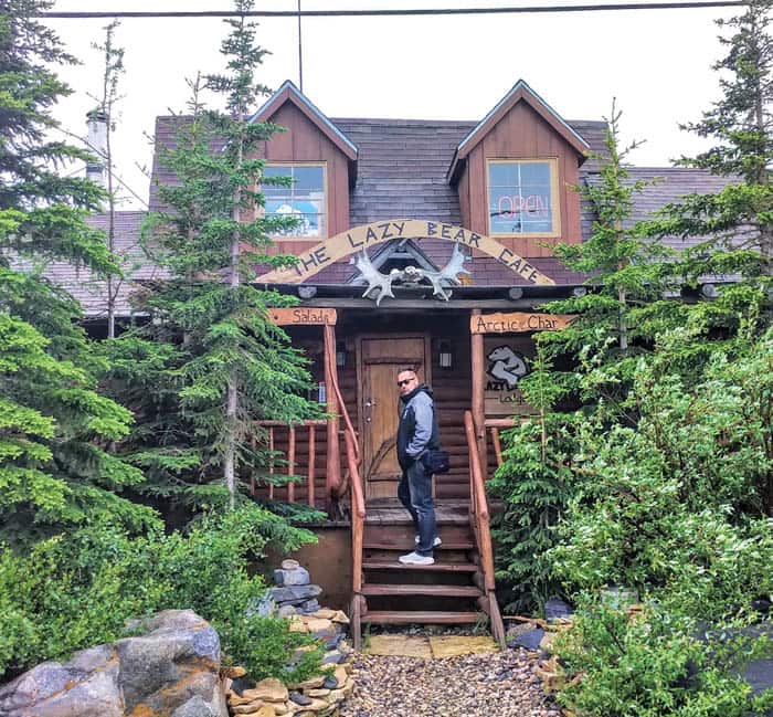 At the front door of Lazy Bear Lodge